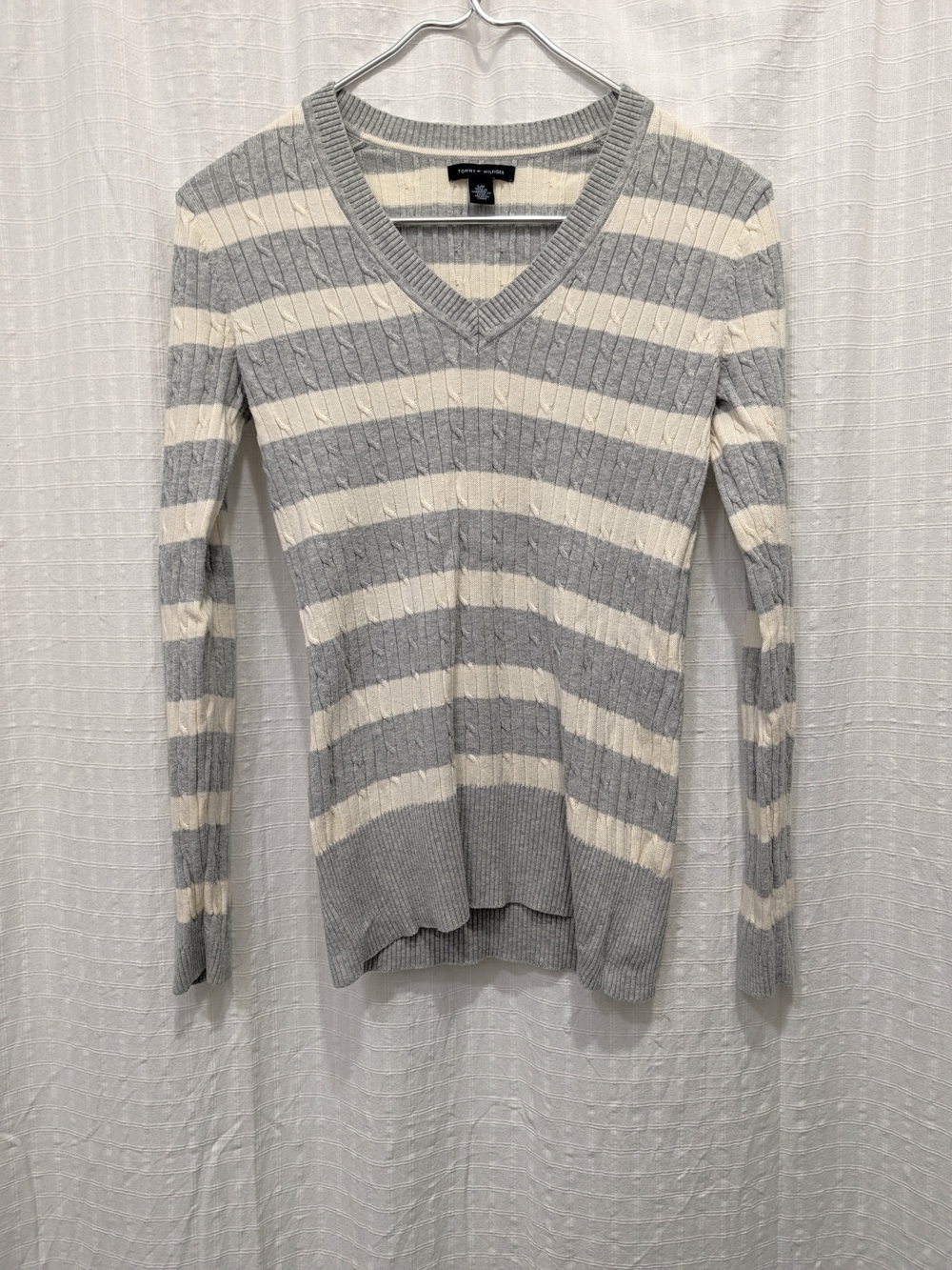Tommy Hilfiger White Gray Striped Knit Sweater Small